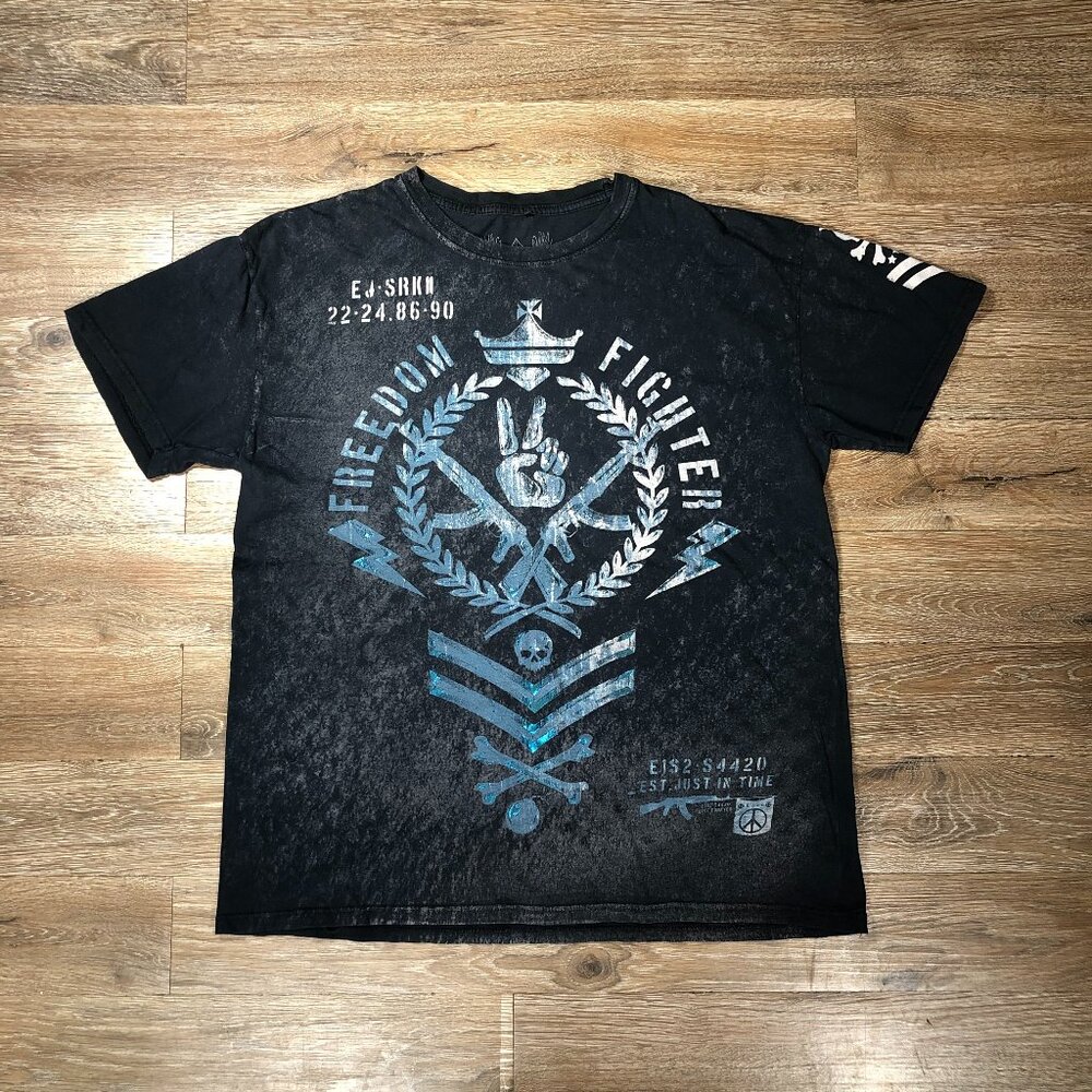 Xzavier Shirt Men Large Black Short Sleeve Shiny Print Goth Y2K Skull Gun Peace